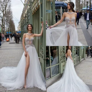 2020 Свадебные платья трапециевидной формы С кружевными аппликациями и разрезом по бокам, свадебные платья с открытой спиной и шлейфом.