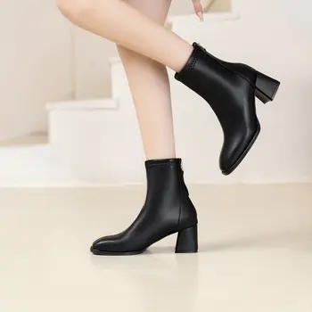 2023 Женские ботильоны с квадратным носком, модная обувь, осенне-зимние короткие ботинки на молнии на квадратном каблуке, Удобная женская обувь