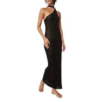 2023 Женское Пляжное Длинное Облегающее Однотонное Прозрачное Летнее Облегающее платье без рукавов с открытой спиной