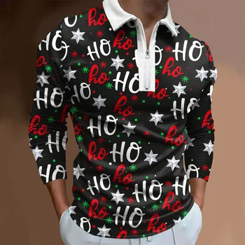 2024 Рождественские Рубашки Поло, Мужская Новая мода для отдыха, Праздничная рубашка на молнии с буквенным принтом, Мужская рубашка с длинным рукавом, Осенняя рубашка