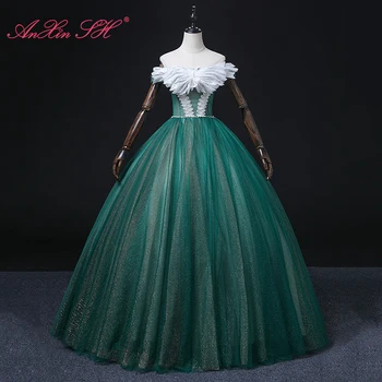 AnXin SH принцесса зеленое кружево белый бант вырез лодочкой бисероплетение жемчуг блестящие оборки вечернее бальное платье невесты на шнуровке вечернее платье