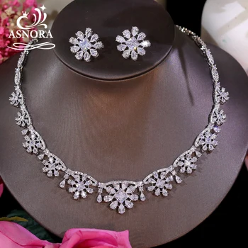 ASNORA Элегантное Цветочное ожерелье из 2шт Белого фианита для новобрачных, набор бижутерии для свадебной вечеринки для женщин, бижутерия