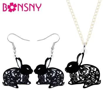 Bonsny Акриловый черный Пасхальный китайский Кролик для резки бумаги Наборы ювелирных изделий с животными Серьги Ожерелье Для женщин Модный Подарок для детей
