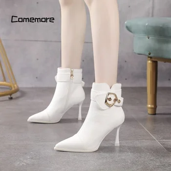 Comemore 2023/ Ботильоны в готическом стиле, повседневные модные женские короткие кожаные ботинки на высоком каблуке, женские пинетки, женская зимняя обувь