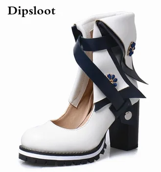 Dipsloot/ Новые модные женские ботинки синего, желтого, красного, белого цвета в стиле пэчворк с круглым носком, вырезанным цветочным украшением, на грубом каблуке, короткие сапоги до середины икры