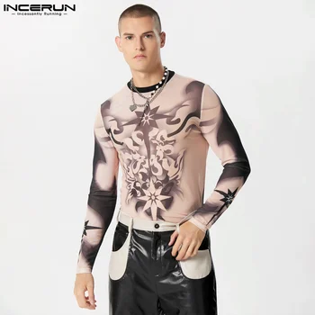 INCERUN Мужская футболка с круглым вырезом и длинным рукавом, повседневная мужская одежда, уличная одежда, Мода для фитнеса 2023, Прозрачные камзолы S-5XL