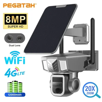 PEGATAH 8MP 4G Беспроводная Солнечная Камера с 20-Кратным Зумом 4K WiFi Трехобъективная Солнечная Панель Для Обнаружения Человека PTZ Камера Безопасности Водонепроницаемая Камера