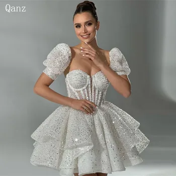 Qanz Короткие Свадебные платья с блестками и бисером с пышными рукавами, вечерние платья принцессы-возлюбленной, женское Элегантное роскошное платье 2024 года