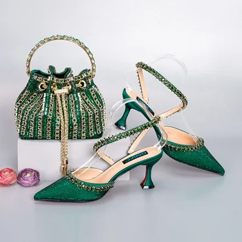 QSGFC Итальянский дизайн, цепочка с бриллиантами зеленого цвета, украшенная высокими каблуками, Изысканная сумочка на шнурке для вечеринки