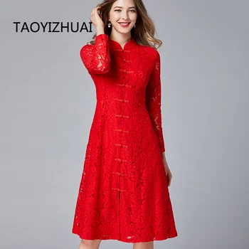 TAOYIZHUAI 2019 Новое поступление, весеннее красное кружевное платье чонсам большого размера в китайском стиле, повседневное тонкое элегантное женское платье 16216
