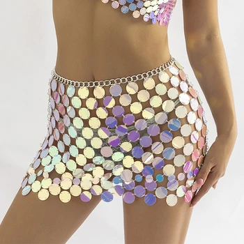 y2k Разноцветная мини-юбка с металлической цепочкой и пайетками для женщин, уличная одежда, сексуальная открытая верхняя одежда, модные женские юбки для вечеринок