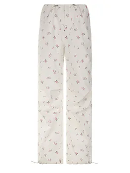 YHLZBNH, женские мешковатые повседневные брюки с низкой талией, завязками и цветочными рюшами, эстетичные Прямые брюки для бега трусцой, уличная одежда