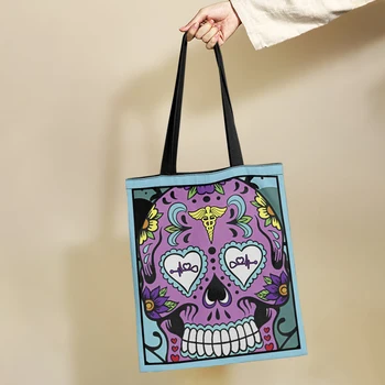 Yikeluo Eco Tote Sugar Skull Женская Сумка Для покупок Большой Емкости Мексиканский День Мертвых Skull Tote Фиолетовая Повседневная Холщовая Сумка