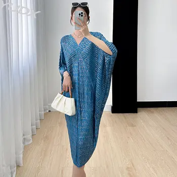 YUDX Высококачественное Модное Темпераментное платье Miyake Женское 2023 Летнее Новое Плиссированное Вечернее платье Средней длины с V-образным вырезом и рукавом 