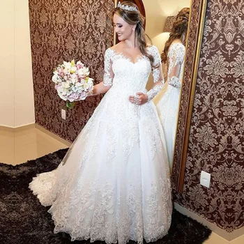 ZJ9160 Свадебные платья принцессы для бала 2024 с V-образным вырезом и длинными рукавами, кружевные аппликации, расшитые бисером платья невесты.