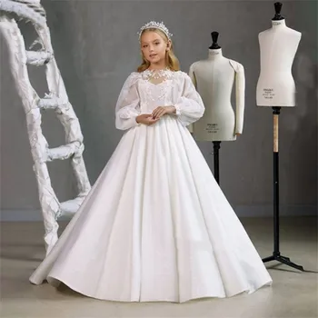 Белые элегантные платья с цветочным узором для девочек, пышные для свадьбы, С длинными рукавами, длиной до пола, для вечеринки в честь дня рождения, для первого причастия, бальные платья