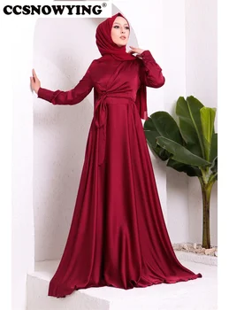 Бордовые Мусульманские вечерние платья с длинным рукавом, Исламское Атласное Вечернее платье с высоким воротом, Хиджаб, Арабский Кафтан, халаты для вечеринок