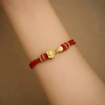 Браслет Ruyi Fu Из нового 24-каратного чистого золота, плетеный красно-черный браслет из веревки, женский золотой браслет в подарок