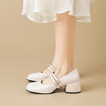Весенняя женская обувь 2023, женские повседневные туфли на высоком каблуке Mary Janes, белый дизайн с квадратным носком, карьера и поездки на работу в корейском стиле 41-43 г.