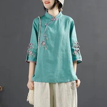 Весенняя рубашка в традиционном китайском стиле, Восточная Одежда для женщин, свободная повседневная блузка Hanfu с коротким рукавом, топы большого размера