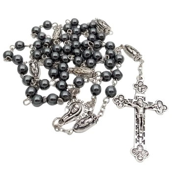 Винтажное Религиозное ожерелье из четок, Гематитовый камень, Цепочка из круглых бусин с Иисусом для ожерелья с подвеской в виде креста, Католические украшения