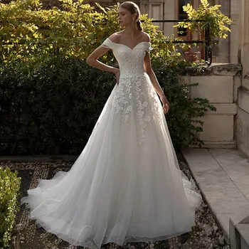Винтажное Свадебное платье с открытыми плечами, свадебное платье на шнуровке сзади, свадебное платье 2023, простой Тюлевый шлейф, Vestido De Novia encaje