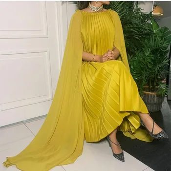 Винтажные Короткие шифоновые Желтые платья для выпускного вечера с накидкой трапециевидной формы с вырезом лодочкой, вечерние платья чайной длины для вечерних вечеринок для женщин