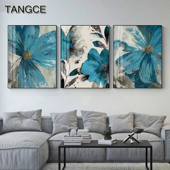 Винтажные плакаты с синими цветами, абстрактная картина на холсте, цветущий ботанический принт, настенные рисунки, украшения для спальни, гостиной