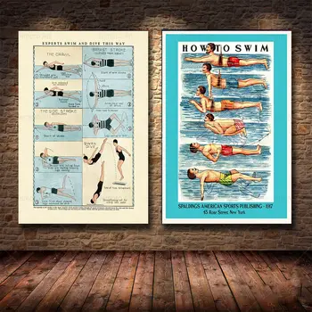 Винтажный плакат с таблицами плавания и дайвинга, обучающая печать, Настенное искусство, холст, живопись, бассейн Natatorium, Домашний декор