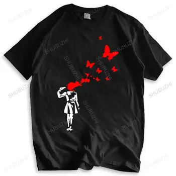 Горячая распродажа, мужская брендовая футболка Banksy Girl, Выдувающая Мозги, Красные Бабочки, Уличное Искусство, Мужская Футболка, homme, повседневная футболка, топы