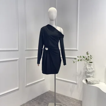 Диагональный воротник 2023, Новая коллекция, Однотонный черный цвет, длинный рукав, открытая спинка, Интеллектуальная женская модная одежда, мини-платье для вечеринки