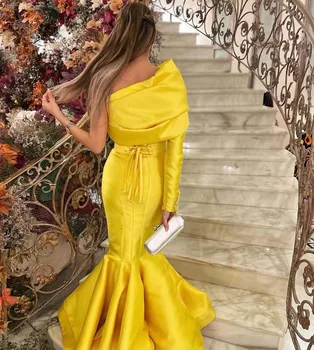 Желтые Вечерние Платья Саудовской Аравии С Одним Плечом, Бисерные Атласные Платья Выпускного вечера 