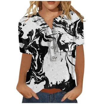 Женская модная летняя Повседневная Свободная футболка с принтом, винтажная хлопковая льняная блузка с V-образным вырезом и коротким рукавом, топы, S-2xl 2023 г.