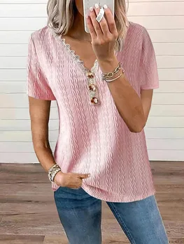 Женская рубашка, летняя новая модная свободная повседневная футболка с V-образным вырезом и короткими рукавами на пуговицах, женские топы