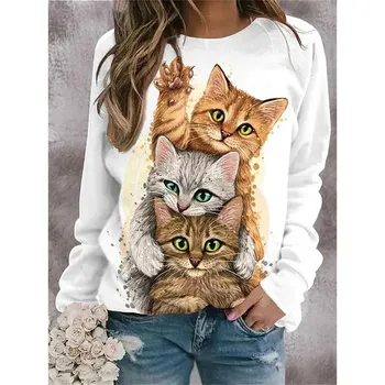 Женская футболка Kawaii Cat с 3D принтом, повседневные футболки с длинным рукавом, свитер Harajuku Оверсайз, Повседневная блузка, Женские Свободные топы