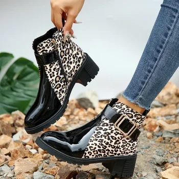 Женские ботильоны с круглым носком и пряжкой на ремне, весна-осень, новые кожаные ботинки с леопардовым принтом, женские модные короткие ботинки на высоком каблуке.