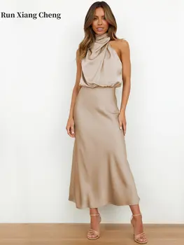 Женские летние платья 2023, новое высококачественное атласное платье без рукавов, модный элегантный блеск, Изящный дизайн, высокая талия, тонкий эффект.