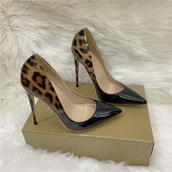 Женские туфли на шпильке из леопардовой лакированной кожи с острым носком, пикантные женские банкетные туфли-лодочки без застежки 8 см, 10 см, 12 см, обувь для вечеринок