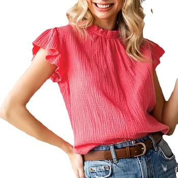 Женский топ с розовыми рукавами и круглым вырезом и рубашка с гофрированным воротником 25119005