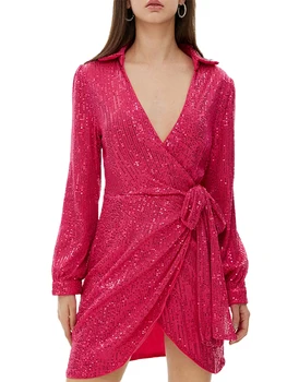 Женское платье с глубоким V-образным вырезом и пайетками, длинный рукав, лацкан, Блестящая рубашка с запахом, Вечернее Коктейльное платье, завязанное узлом