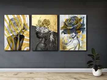 Золотисто-белый абстрактный женский плакат с головой розы, принты на холсте, настенное искусство, 3 панели, портретная живопись для украшения дома в гостиной
