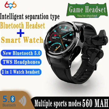 Игровая гарнитура TWS 2 В 1 Качественные умные часы Мужские наушники Blue Tooth Heartrate Спортивные умные часы с поворотом циферблата на 180 градусов