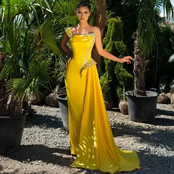 Изысканный желтый шлейф, вечерние платья Русалки на одно плечо, хрустальные атласные платья знаменитостей, Арабское праздничное платье из Дубая поверх юбки