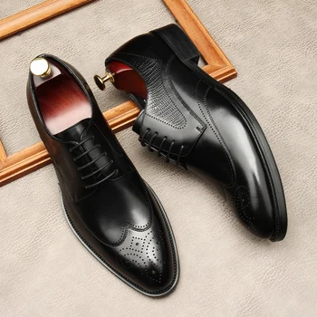 Итальянская мужская свадебная обувь на плоской подошве, роскошная брендовая дизайнерская обувь ручной работы из натуральной кожи, Элегантные черные броги, официальная обувь для мужчин