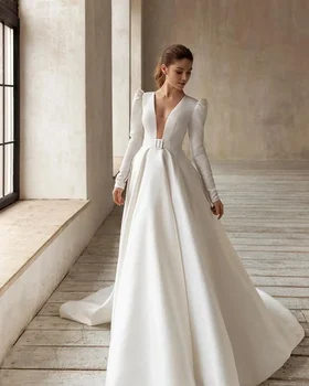 Классические Элегантные свадебные платья Атласные свадебные платья трапециевидной формы с V-образным вырезом и длинными рукавами Для официальной вечеринки 2024 Vestidos De Novia 2023