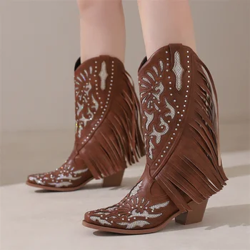 Ковбойские сапоги в стиле ретро Вестерн 2023, Женская обувь со стразами, Большой Размер 46, Сапоги до середины икры на высоком каблуке с острым носком, Дропшиппинг