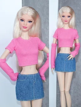 Комплект одежды / розовый свитер с рукавом + джинсы, короткая юбка / 30 см кукольная одежда, костюм для 1/6 Xinyi FR ST Куклы Барби