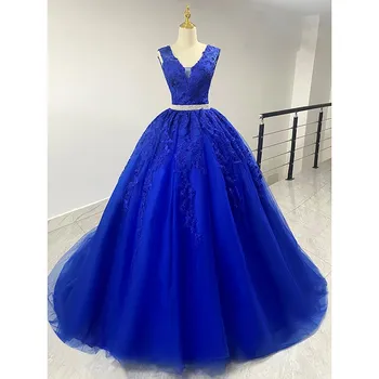 Королевское Синее Кружевное Свадебное платье 2023, Классическое Свадебное платье С V-образным вырезом, Бальное платье Без рукавов, 14 цветов, Robe De Mariee, Плюс Размер