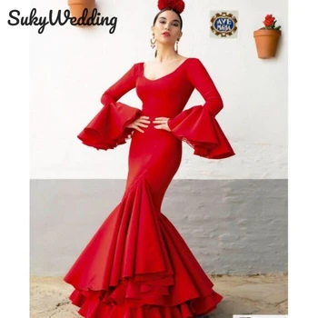 Красные платья для выпускного вечера в стиле фламенка, вечерние платья для танцовщиц, юбка с V-образным вырезом и оборками, Русалка, Испанские женские вечерние платья, Сказочные платья с длинным рукавом