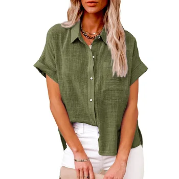 Летние женские льняные винтажные рубашки с короткими рукавами 2023, офисная женская модная однотонная блузка на пуговицах, повседневная футболка со свободным отворотом, топ